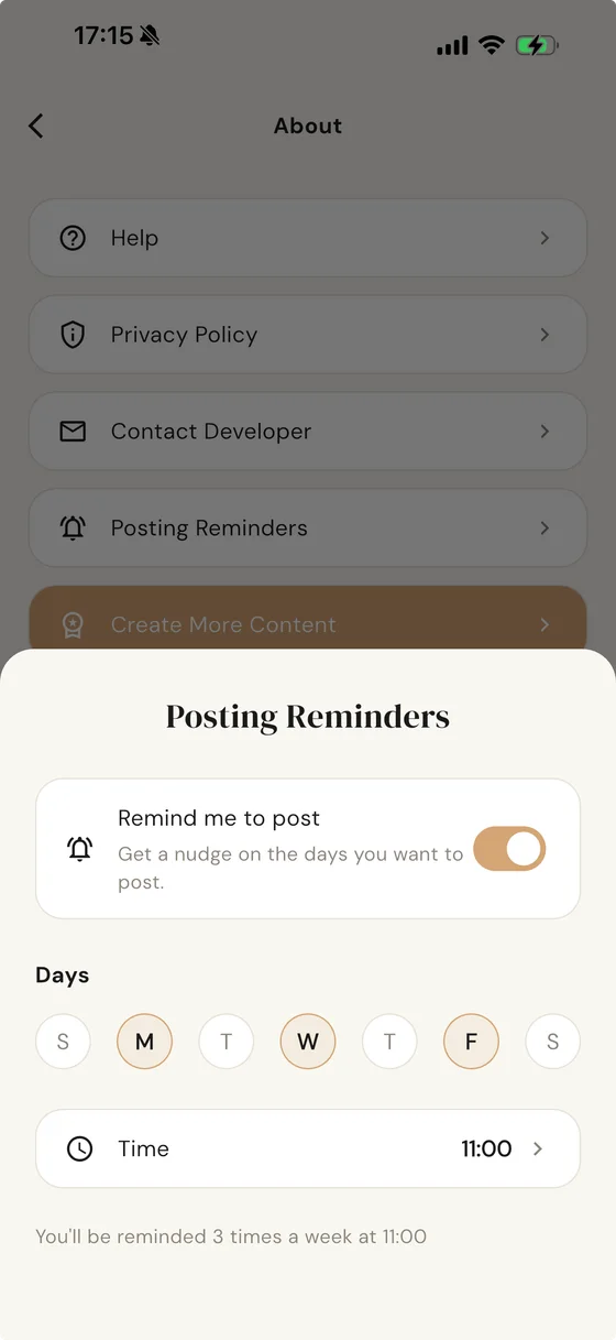 The posting reminders sheet open over the About screen, with reminders switched on, Monday, Wednesday and Friday selected, and the time set to 11:00