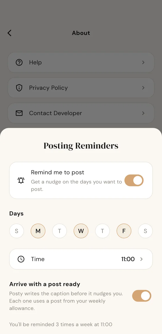 The posting reminders sheet with reminders on for Monday, Wednesday and Friday at 11:00, and Arrive with a post ready switched on