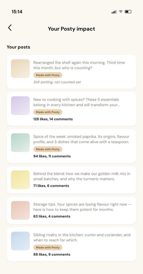 The Your Posty impact screen, listing recent posts with their like and comment counts and a badge marking the ones made with Posty