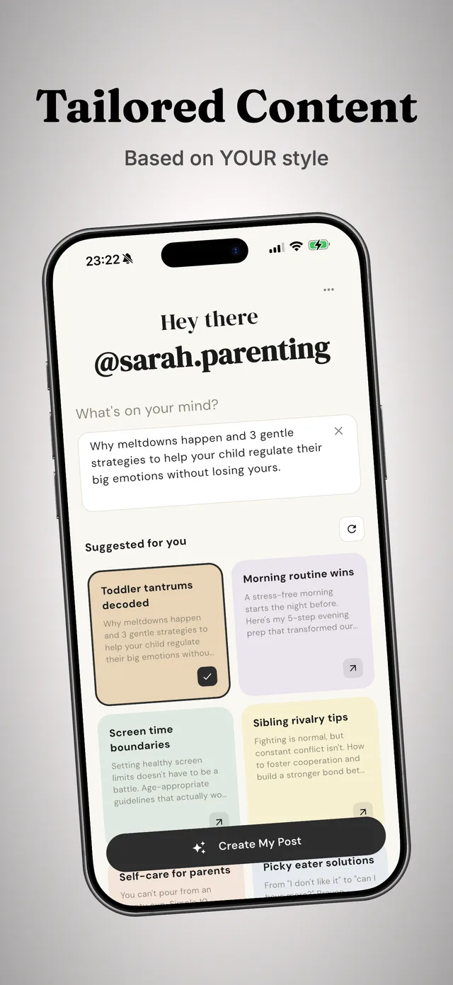 Posty suggesting tailored post ideas for a parenting account, with a generated caption ready to use