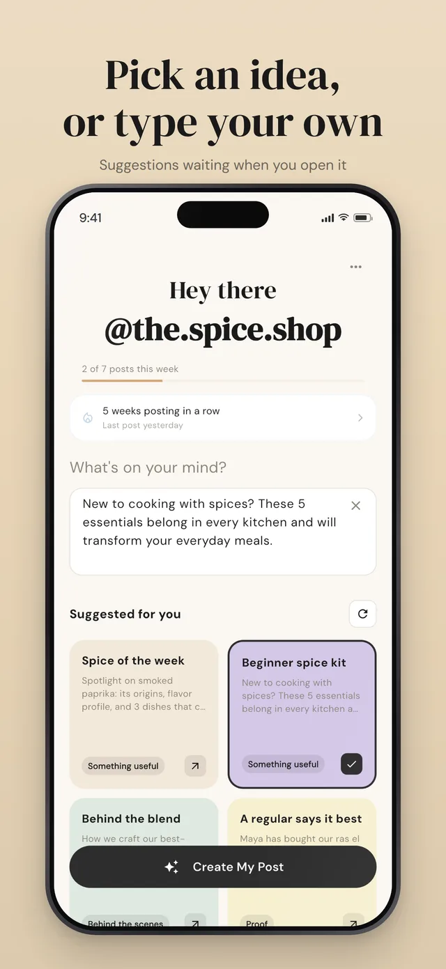 Pick an idea, or type your own: a suggested post idea selected on the home screen, ready to turn into a caption