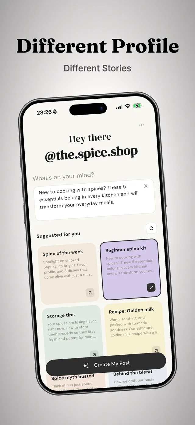 The same suggestion screen for a spice shop account, showing how the ideas change with the profile
