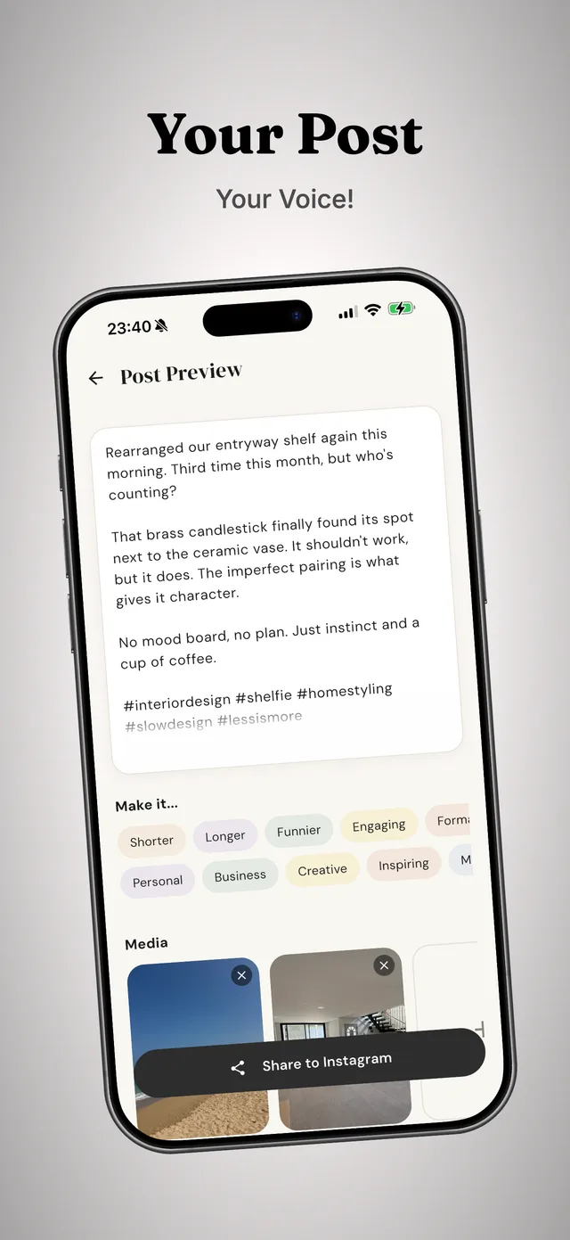 A finished caption in the post preview, with one-tap controls to make it shorter, funnier or more personal