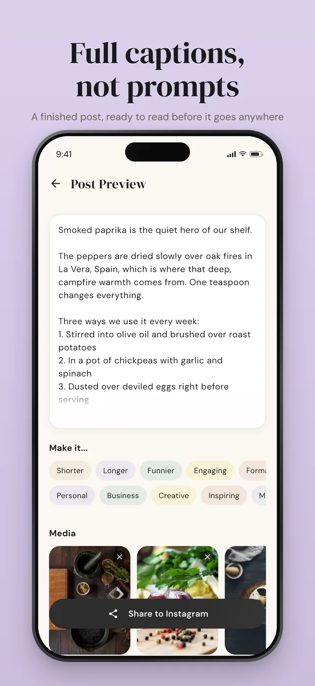 Full captions, not prompts: a finished caption in the post preview, with photos attached and a Share to Instagram button