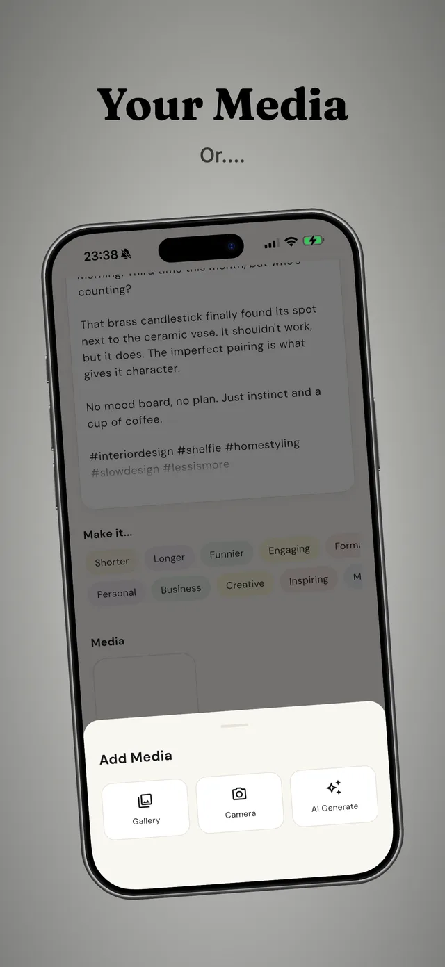 The add-media sheet offering a photo from the gallery, the camera, or an AI-generated image