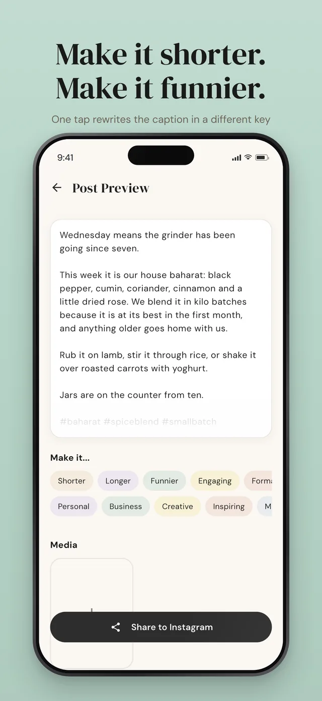 Make it shorter, make it funnier: one-tap controls in the post preview that rewrite the caption in a different tone