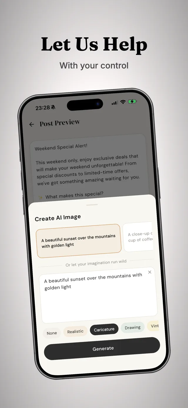The AI image composer, with a description typed in and style options below it