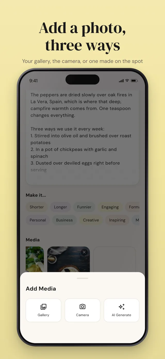 Add a photo, three ways: the add-media sheet offering the gallery, the camera, or an AI-generated image