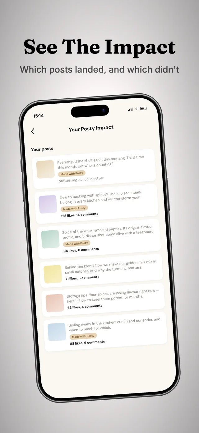 The Your Posty impact screen, listing recent posts with their like and comment counts and a badge marking the ones made with Posty