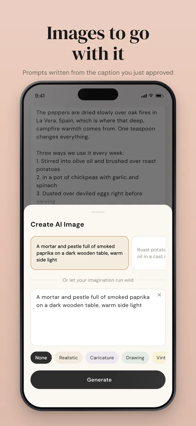 Images to go with it: the AI image composer, with prompts suggested from the caption and style options below
