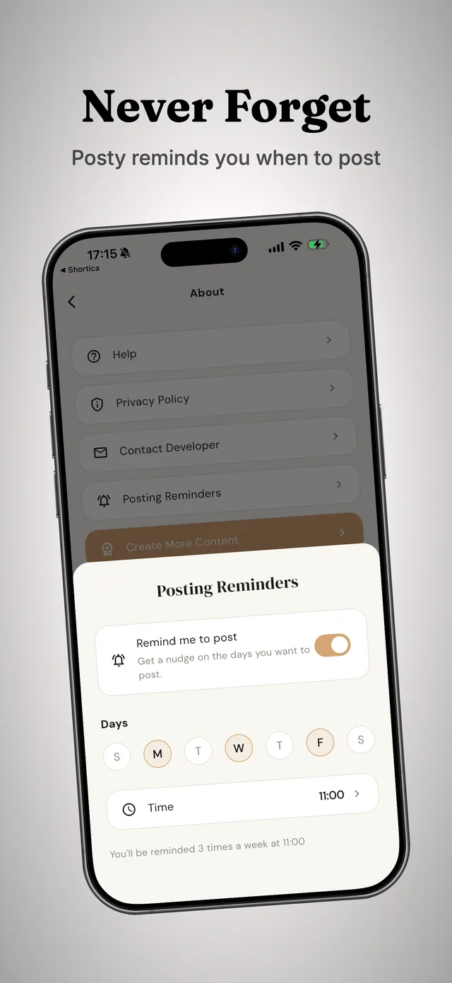 The posting reminders sheet open over the About screen, with reminders switched on for Monday, Wednesday and Friday at 11:00