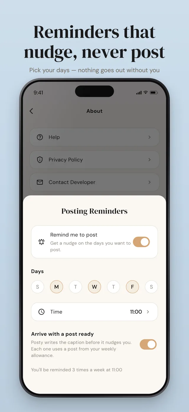 Reminders that nudge, never post: the posting reminders sheet, switched on for Monday, Wednesday and Friday at 11:00